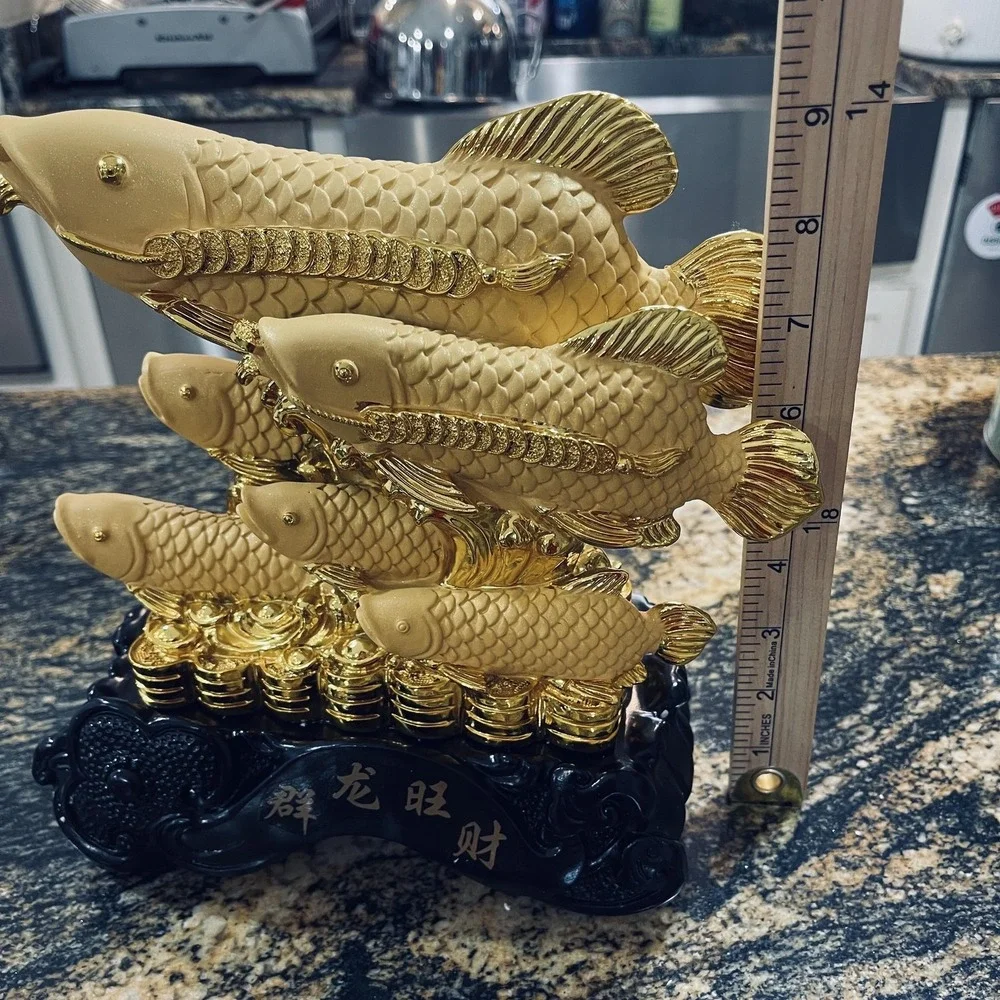 Gold Arowana Fish Feng Shui Resin Figurine Chinese Wealth‎ Coins Decor Small